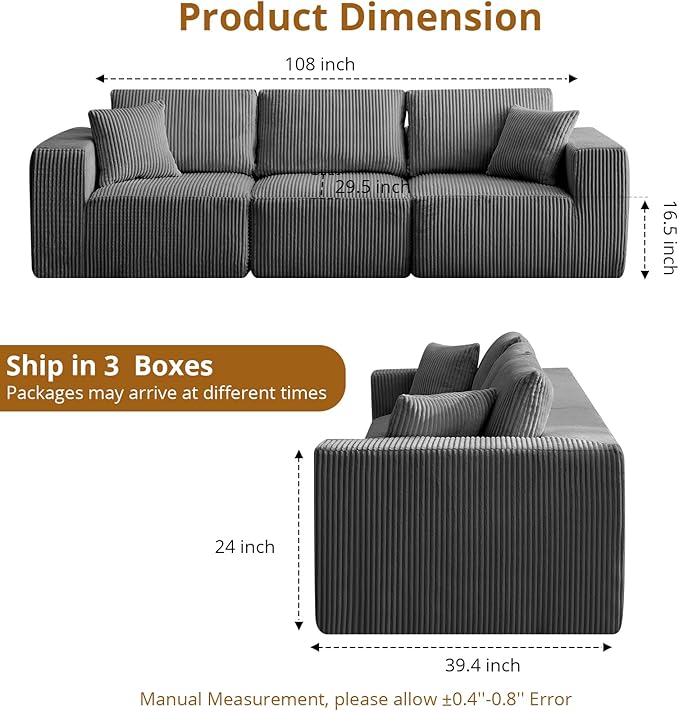 Sectional Cloud Boneless Couch 108 Modern Comfy Linear Straight No Assembly Required Convertible Compression Sleeper Modular Sofa with Corduroy Fabric 3 Deep Seat Single for Living Room