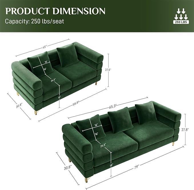 OUYESSIR Living Room Sofa Couch and Loveseat Set Modern Comfy Velvet Deep Seat Cloud Couch with 5 Pillows Oversized Sofa Furniture Sets for Living Room Bedroom Emerald Green Velvet