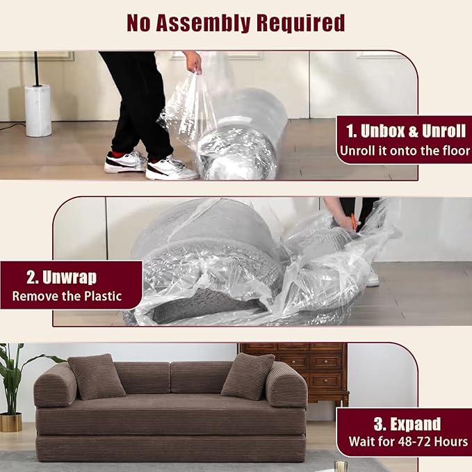 JJJ 78 inch Sofa Bed 4-in-1 Boneless Convertible Corduroy Sleeper Folding Couch with Fixed-Shape Frame and 2 Futons No Assemble Required 3 Seater Upholstered for Living Room (Brown 78 inch)