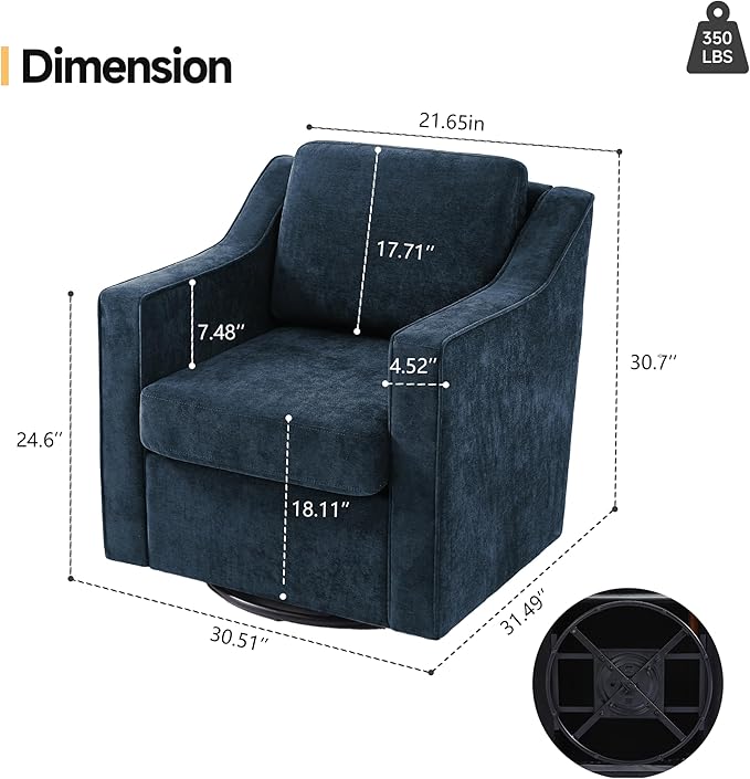 Pia Ricco 2-Pack Plush Oversized Chenille Fabric Swivel Accent Chairs with Removable Covers Living Room Reception Bundle SetGrey Blue
