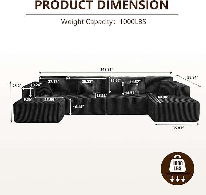 Oversized Modular Sectional Sofa Couch143.3 U Shaped Sofa Flannel Convertible Deep Seat 6 Seater Cloud Sofa for Large Living RoomTool-Free AssemblyBlack