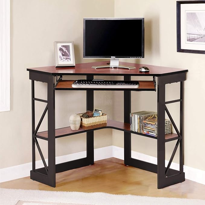 VECELO Corner Computer Desk 41 x 30 inches with Smooth Keyboard &amp Storage Shelves for Home Office Workstation Teakwood Brown