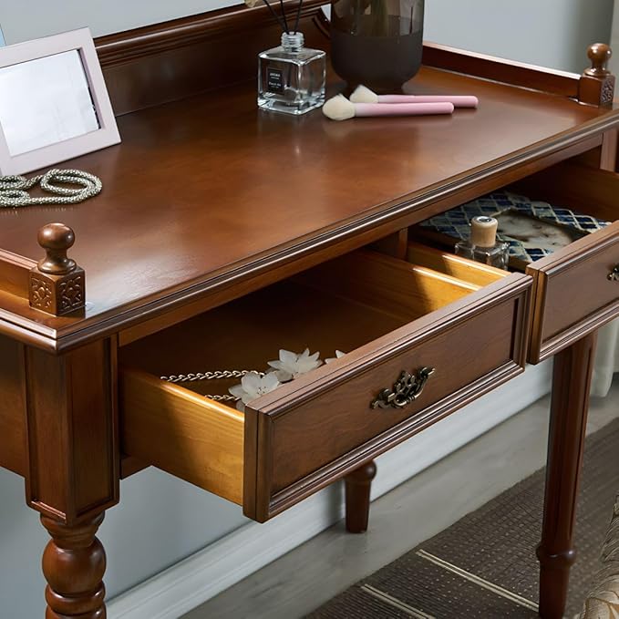 RUNNUP Mid-Century Desk with 2 Drawers 47.2 Wide Home Office Desk Workstation Solid Wood Computer Writing Study Desk for Small Space Bedroom Living Room Makeup Vanity Console Table