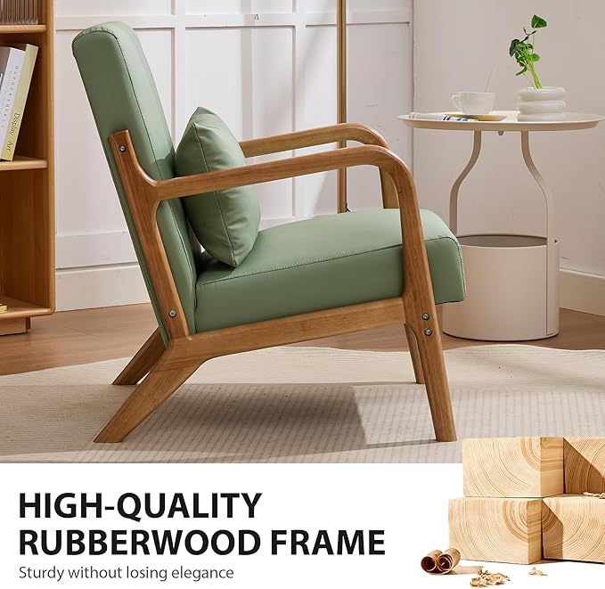 Mid Century Modern Accent Chair Arm Chair Living Room Chairs with Lumbar Pillow Upholstered Reading Chair with Solid Wood Frame &amp Cat-Scratch Leather for Living Room Bedroom