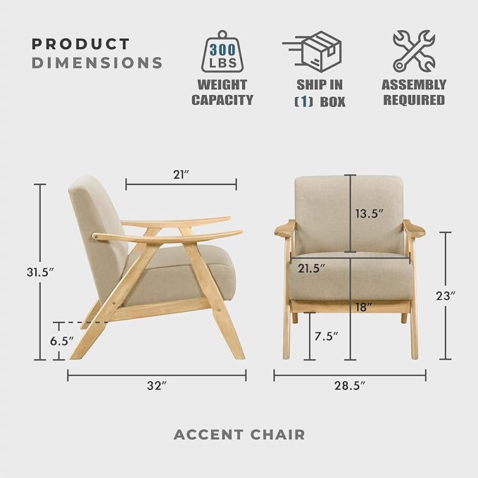 Lexicon Mid Century Modern Accent Chair with Solid Wood Frame in Natural Finish Textured Fabric Living Room Lounge Arm Chair Thick and Comfy Innerspring Seat Cushion Linen-Look Fabric Light Brown