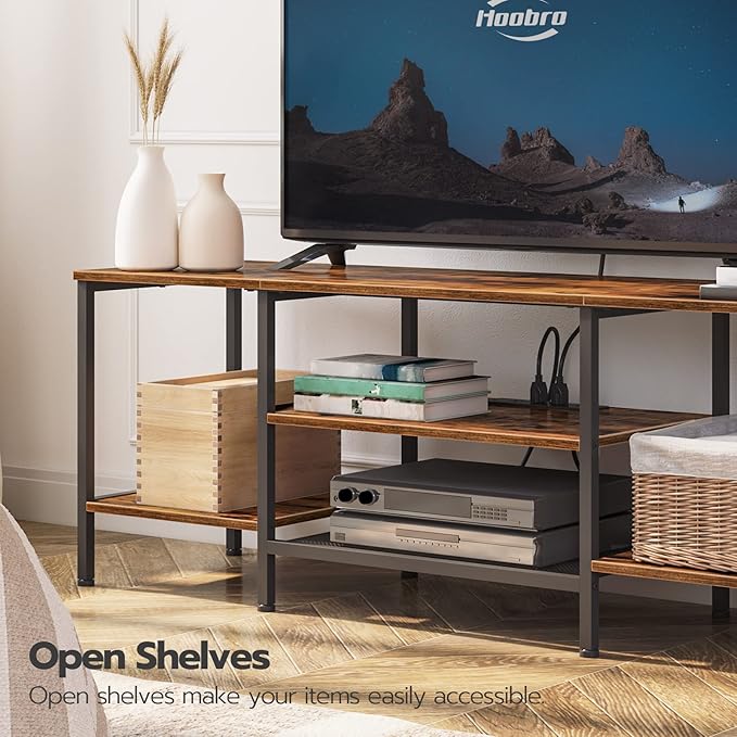 HOOBRO TV Stand with Power Outlets to 75 Inches TV Console Table with Open Storage Shelves Cabinet Industrial Media Entertainment Center for Living Room Bedroom Rustic Brown and Black BF80DS01
