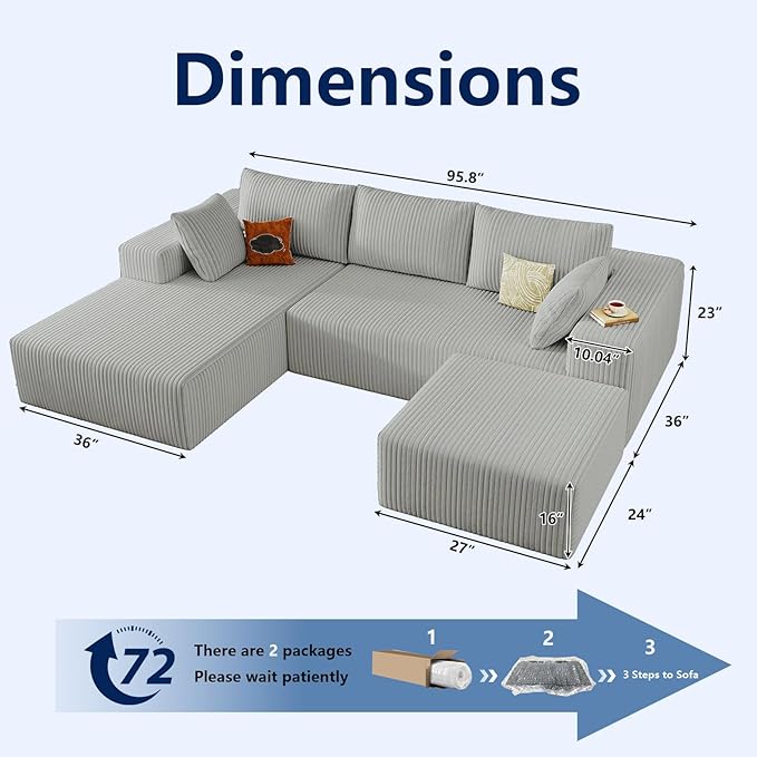 96 Modular Sectional Sofa with Ottoman Modern Corduroy Cloud Couch with Deep Seat Boneless Couch Upholstered 3-Seater U-Shaped Sofa for Living Room No Assembly (Light Grey Left-Facing Chaise)