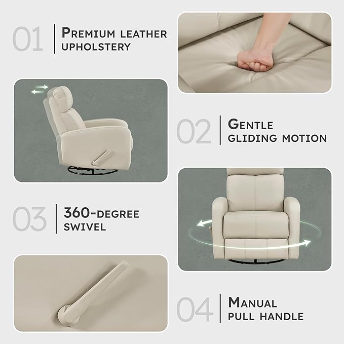 Lexicon Swivel Glider Reclining Chair Top Grain Leather Match Manual Pull Handle Recliner Comfy Nursery Glider Recliner Swivel Reclining Chair for Living Room/Office/Bedroom/Apartment Beige