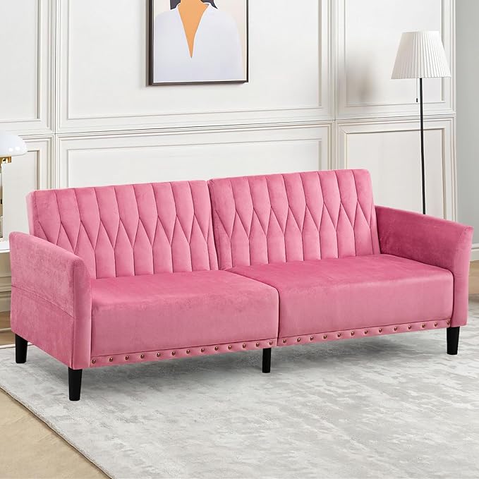 77” Velvet Sofa Bed with Adjustable Armrests and BackrestsTufted Convertible Futon Couch with Nailhead Trim Loveseat Modern Velvet Sleeper Sofa for Living RoomBedroomOfficePink