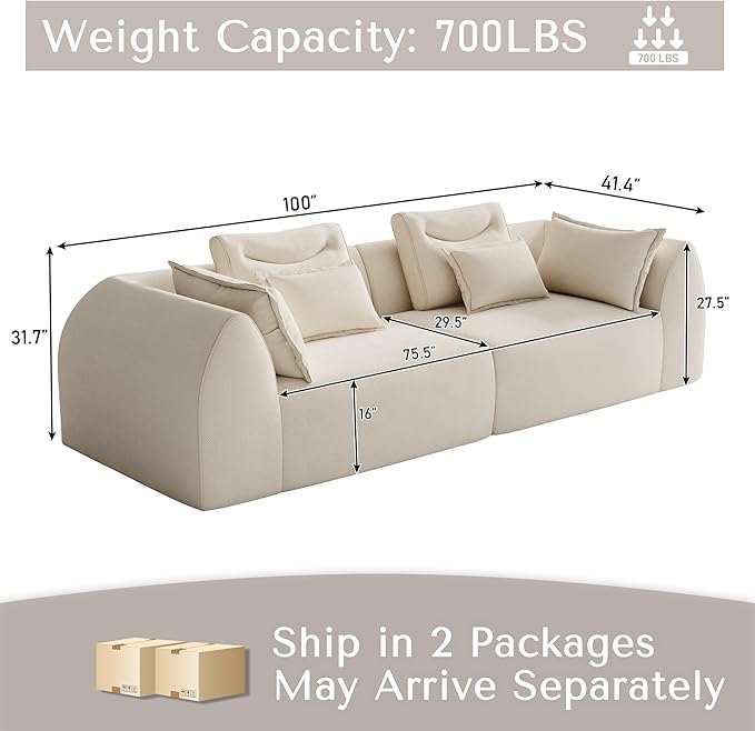 100 Oversized Sectional Sofa Chenille 3 Seater Couch Large Boneless Couch Sectional with Deep Seat Modern Cloud Sofa for Living Room Bedroom No Assembly Required Beige White