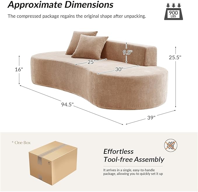 94.5 Modern Curved Sofa 3-Seater Comfy Foam Couch with 2 Pillows Frameless &amp No Assembly Required Cloud Couch for Living Room Pink