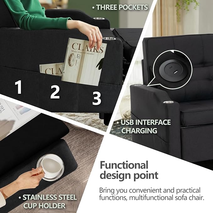4-in-1 Convertible Sleeper Chair Bed Couch Bed with 5-Level Adjustable Backrest Futon Sofa Bed with USB Port&amp Cup Holder Multi-Functional Chaise Lounge Chair Sleeper Sofas for Living Room