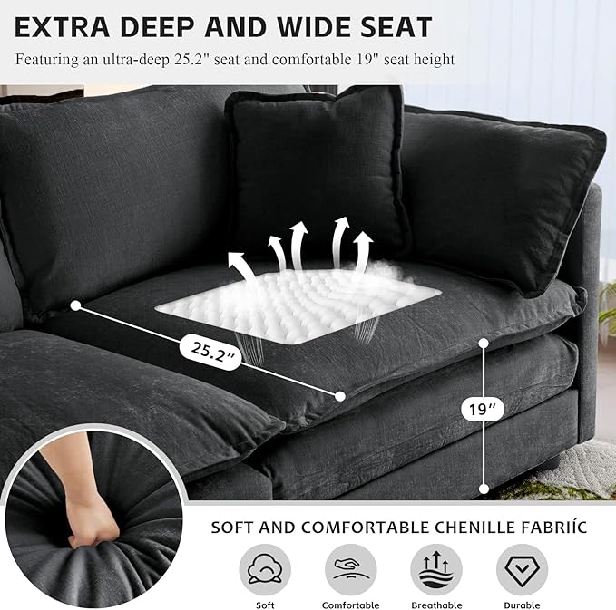 SoarFlash Chenille Sectional Sofa Comfy L Shaped Modular Coush Sofa with Ottoman Modern 3 Seat Couch Deep Seat Sofa Set for Living RoomGrey