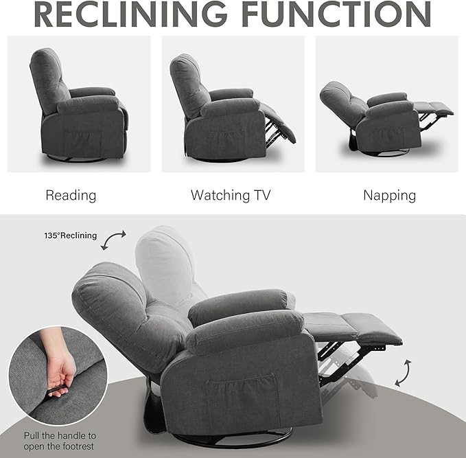 Oversized Recliner Chairs for AdultsSwivel Rocking Chair Recliner with Wide Arms&amp Backrest Fabric Reclining Chair with Pockets Lazy Boy Recliners for Living Room Bedroom (Grey)