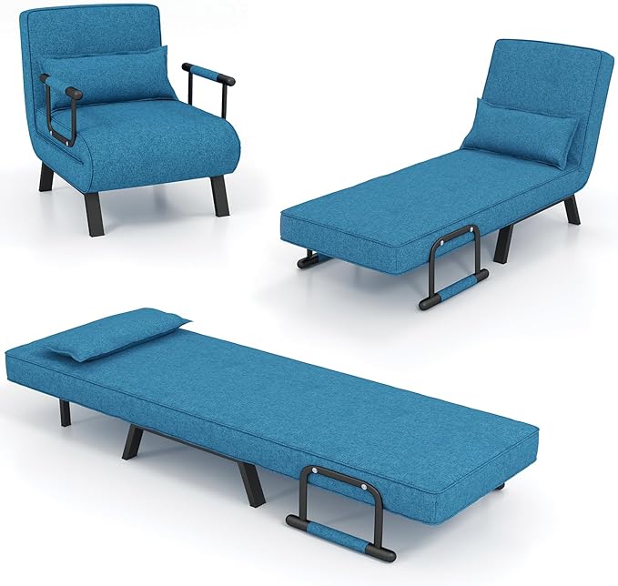 S AFSTAR 4 in 1 Convertible Sofa Bed Sleeper Chair Folding Sofa Arm Chair with Pillow and 6 Position Adjustable Backrest Full Padded Lounger Couch Bed for Home/Office (Blue)