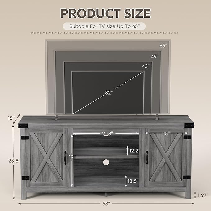 YESHOMY Modern Farmhouse TV Stand with Two Barn Doors and Storage Cabinets for Televisions up to 65+ InchEntertainment Center Console TableMedia Furniture for Living RoomLight Grey