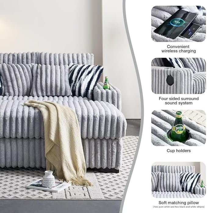 Oversized Sofa Corduroy Upholstered Cloud CouchCup Holders and USB Ports &amp Wirelessly Charged &amp Bluetooth Speakers Deep Seat for Loveseat Living Room Office