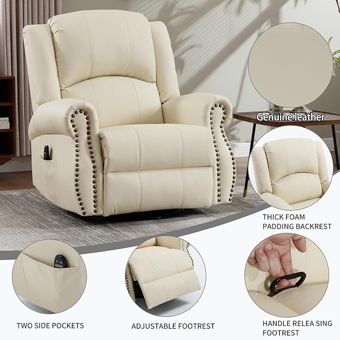 PELUMY Breathable Leather Swivel Rocking Recliner Chair for Adults 360° Swivel Glider Rocker with Heat &amp Vibrating Massage Lounge Chair for Living Room Bedroom Nursery (Creamy Beige)