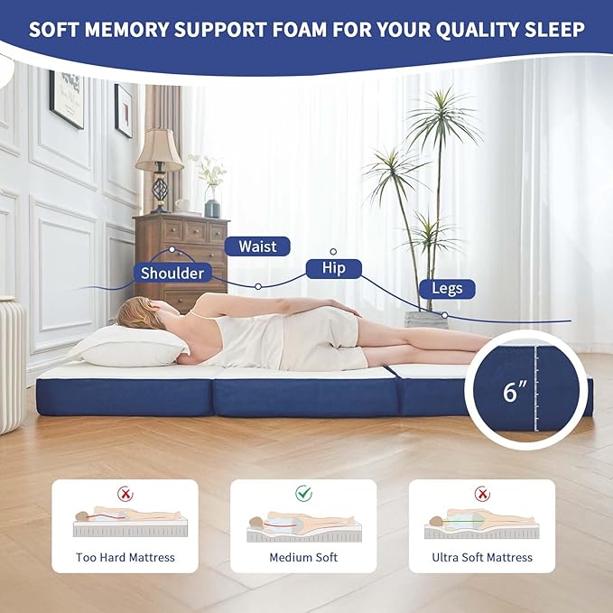Folding Mattress Twin 6 Inch Memory Foam Tri-Fold Floor Bed and Futon  Twin Topper with Breathable &amp Washable Cover Supportive Foldable Mattress for Guest Bed Office NapCamping (38 x 75 x