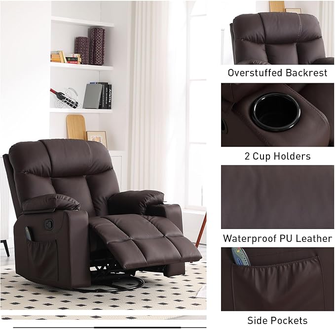 Bonzy Home Swivel Rocker Recliner with Heating and Massage 40 Manual Rocker Recliner Chair PU Leather Single Sofa with 2 Cup Holders for Living Room Bedroom Brown