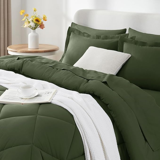 CozyLux Queen Comforter Set Olive Green - Bed in a Bag Queen Size 7 Pieces Luxury Soft Bed Set for All Seasons Bedding Set with Down Alternative Comforter Sheets Pillowcases &amp Shams