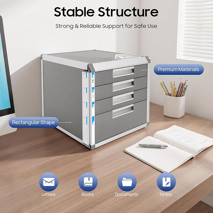 4 Drawers File CabinetAluminum Alloy File Storage Cabinet with Concave Handles Compact Desktop Drawer Organizer for Store Letters Books Documents12.4 D X 13.8 W X 11.7 H