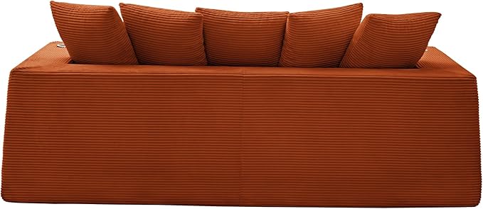 82'' Convertible Sofa Bed 2-in-1 Boneless Sleeper Sofa with Cup Holder &amp Pocket Corduroy Loveseat Sleeper Couch with 5 Pillows Pull Out Couch for Living Room Bedroom No Assembly (Orange)
