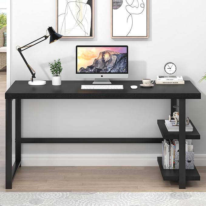 EXCEFUR Black Desk Modern Computer Desk for Home Office Metal Wood Writing Study Table Workstation with Storage Shelf for Living Room Bedroom 53 Inch
