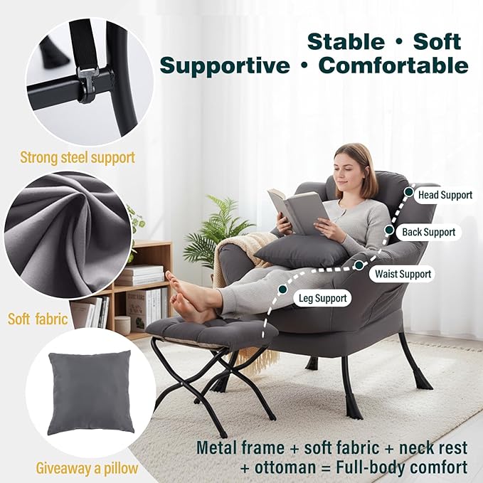 Lazy Chair with Ottoman Large Accent Chair with Ottoman and a Throw Pillow Dark Grey Reading Chair for Living Room Bedroom Dorm Room Office Apartment Relaxing Use