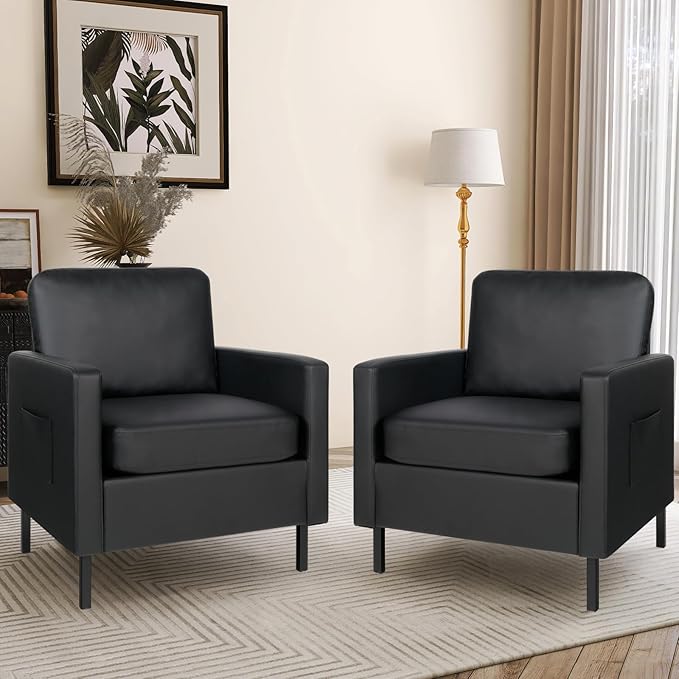 AODAILIHB Black Leather Accent Chair Set of 2 Modern Accent Chairs with Arms Small Side Chair 2 Pocket/Thick Cushion Single Sofa Comfy Couch for Living Room/Waiting Room/Office (2 Black)