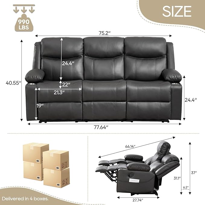 Manual Reclining Sofa - 3 Seat Recliner Sofa with Heat &amp Massage Function Wall-Hugger Reclining Sofa for Living Room (Grey)