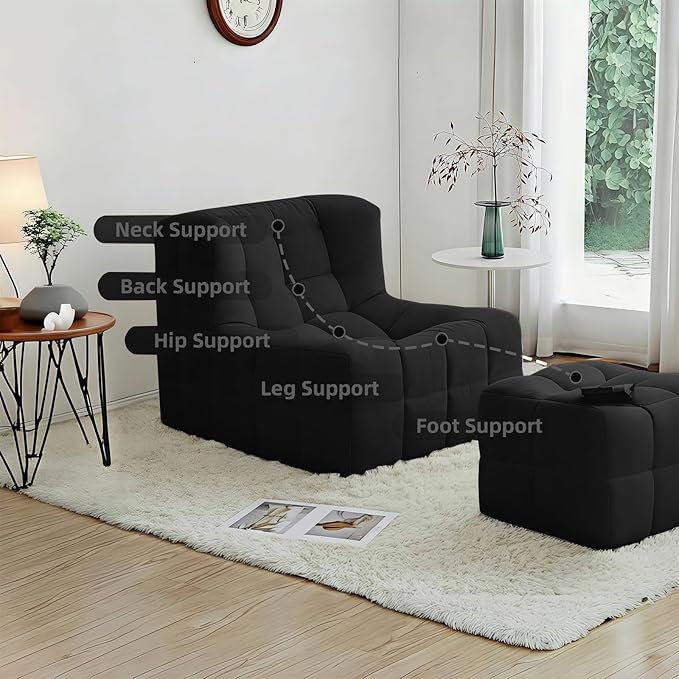 Bean Bag Chair - Memory Foam Bean Bag Chair for Adults Comfy High-Resilience Single Sofa Small Space Floor Chair Chaise Lounge for Living Room Bedroom (Black Square + Ottoman)