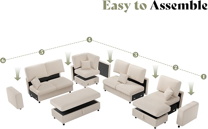 AMERLIFE 129 Inch Sectional Couches for Living RoomSectional Couch with Storage &amp OttomanModular Sectional Sofa Converts to SleeperCloud Couch Sectional for Large Space with CorduroyOff-White