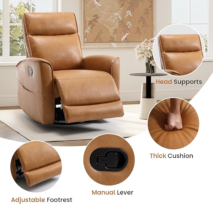 CANMOV Leather Recliner Chair Swivel Rocker Recliner Chair 360°Swivel Nursery Glider Recliner Manual Recliner for Small SpacesLiving RoomBedroomBrown