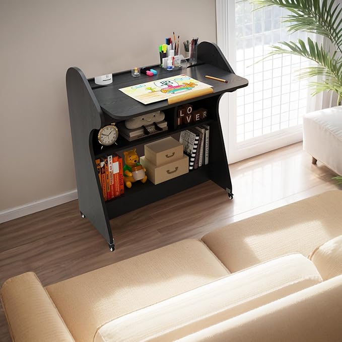 Pmnianhua Portable Mobile Desk on Wheels with Adjustable Angle TaletopHome Office DeskRolling Computer Desk with Wheels and Storage for Home Office Small Space(Black)