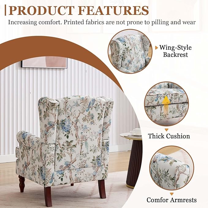 Modern Floral Accent Chair Upholstered Armchair Wingback Chair with Wooden Legs Single Sofa Reading Chair Accent Chairs for Living Room Bedroom Office (Antique Blue)