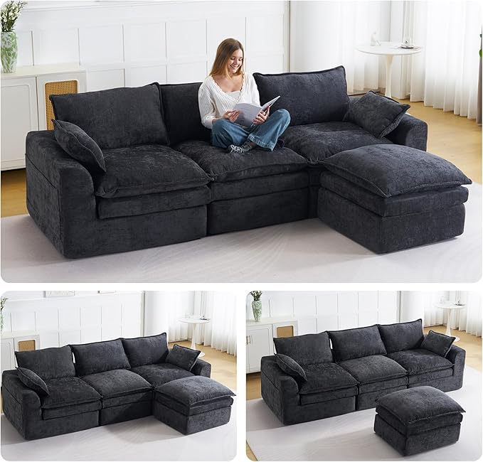113 Cloud Sectional Boneless Couch for Living Room Modern Modular Sectional Sofa Deep Seat with Ottoman Oversized Comfy Sectional Couches L Shaped Cloud Couch with Side PocketsBlack
