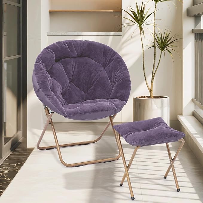 Cozy Saucer Chair Living Room Chair Faux Fur Soft Thick Padded Folding Chair Comfortable Moon Chair for Living Room Bedroom Reading Nook Modern Style 2 Pack Purple