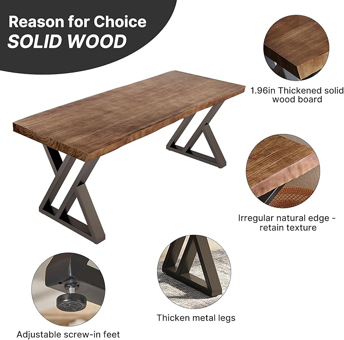 Solid Wood Desk 55 inches Home Office Computer Desk Wooden Rustic Writing Desk Metal Modern Simple Design Executive Real Wood Desk(Rustic Brown)