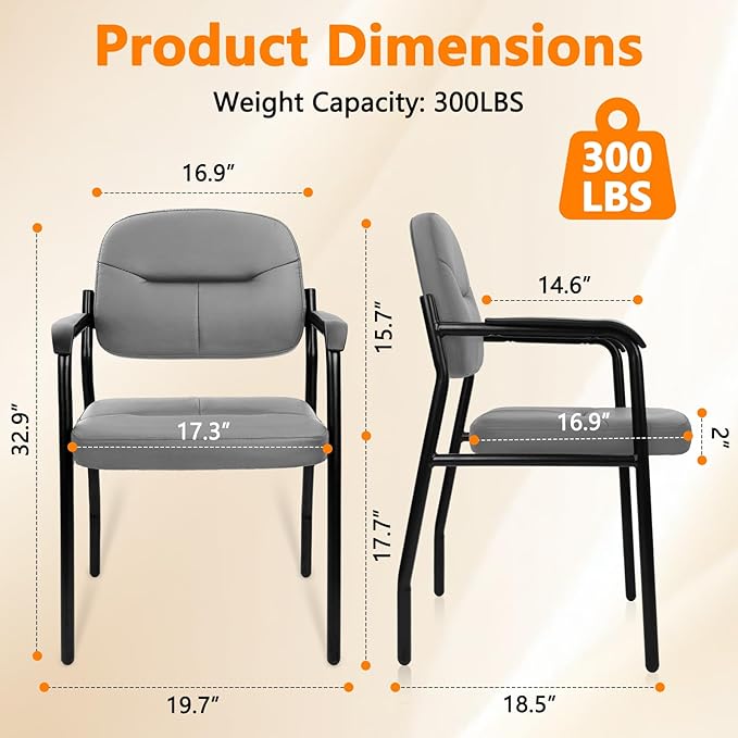 CLATINA Leather Guest Chair No Wheels Office Reception Chair with Armrests and Lumber Support Ergonomic Desk Armchair for Meeting Waiting Conference Lobby Room Shool Grey 1PK