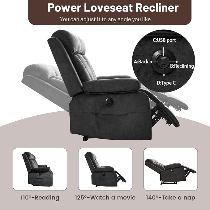 Power Reclining Loveseat with Massage &amp Heat Loveseat Recliner Sofa with Cup Holders Electric Recliner RV Sofa with USB/Type C/Side Pocket Wall Hugger Loveseat for Living Room
