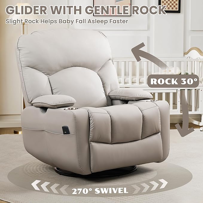 GRAINELL Rocking Chair Nursery Electric Swivel Recliner Glider with Adjustable Armrests Nursing Chair with USB Charger Cup &amp Blanket HoldersGrey PU Leather