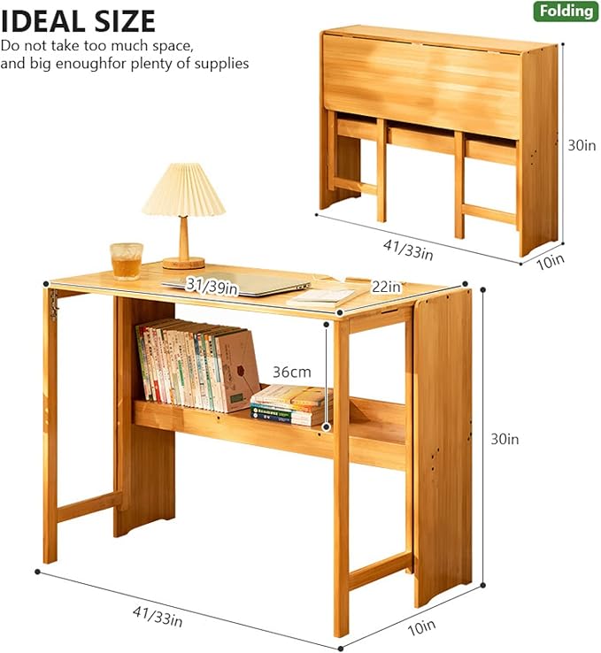Modern Folding Computer Desk Walnut Bamboo 31 Inch Space Saving 1 Shelf