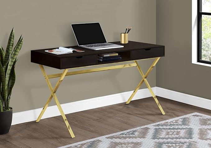 Computer Desk Home Office Laptop Storage Drawers 48 l Work Brown Laminate Gold Metal Contemporary Modern
