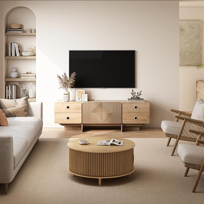 66 Fluted TV Stand Boho TV Consoles for Living Room Modern Entertainment Center with Storage Media Console Cabinet for 75 inch TV(Oak)