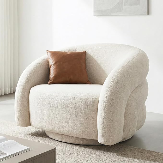 Swivel Barrel Accent Chair Wool Fleece Upholstered Armchair Round Modern Armchair 360° Swivel No Assembly Required Comfy Reading Sofa Seat for Living Room Bedroom and Apartment Milky White.