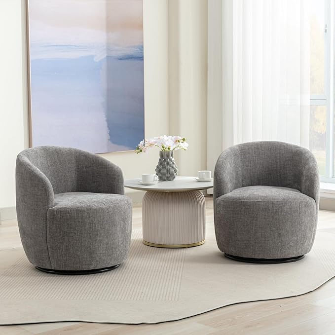 FOXHUNTER Swivel Barrel Chair Set of 4 360° Small Single Sofa Armchair Comfy Round Sofa Chair Modern Round Accent Arm Chairs for Living Room Bedroom Chenille Light Gray