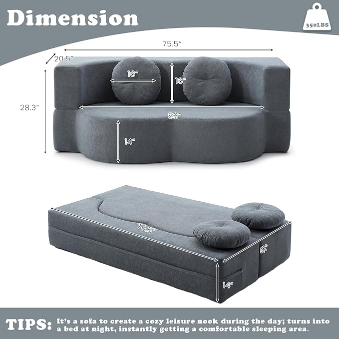 76 Convertible Folding Futon Sofa Bed Queen Sleeper Sofa with Pillow Teddy Fabric Floor &amp Futon Loveseat Couch Foam Folding Mattress Sleeper for Living Room Guest Use OfficeApartment (Grey)