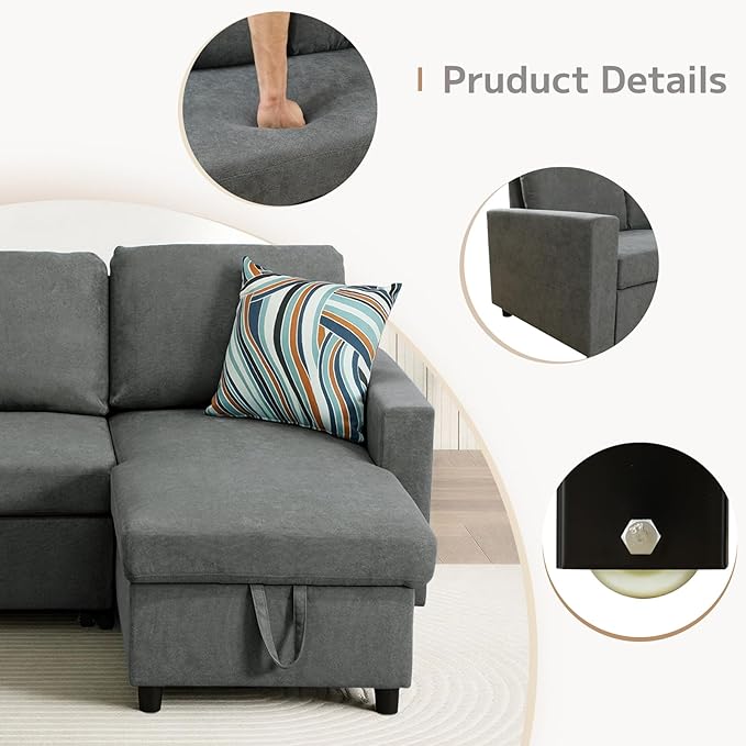 L-Shaped Sleeper Sofa with Chaise Lounge &amp Storage Pull-Out Couch Bed with Recliner Full Size Futon for Living Room Office Apartment Dark Grey
