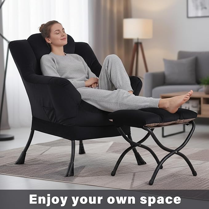 Lazy Chair and Ottoman Black Velvet Large Accent Chair with a Side Pocket Modern Leisure Upholstered Sofa Reading Armchair with Footrest for Office Bedroom Living Room Dorm Rooms Balcony